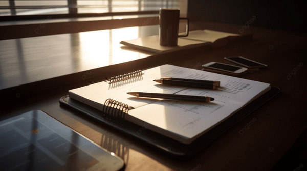 A notebook and pen on a desk in warm light